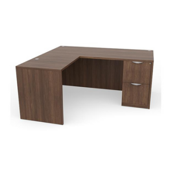 brown L-shaped desk with drawers on right